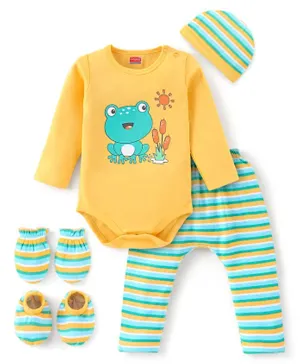 Babyhug 100% Cotton Graphic Onesies With Striped Leggings & Cap Mittens Booties - Yellow & Green