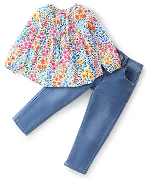 Babyhug 100% Cotton Knit Full Sleeves Top & Jeans With Floral Print - White & Blue