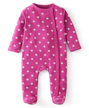 Babyhug Cotton Knit Full Sleeves Footed Sleep Suit Floral Print - Purple