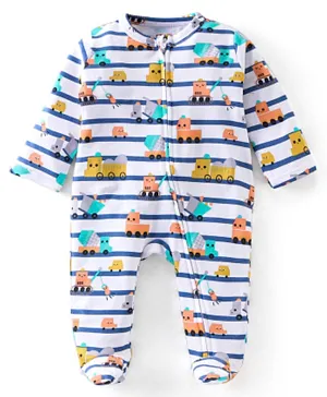 Babyhug Cotton Knit Full Sleeves Footed Sleep Suit Construction Vehicles Print - Blue & White