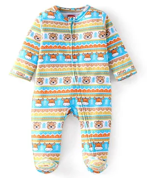 Babyhug Cotton Knit Full Sleeves Footed Sleep Suit Animals Print - Blue & Brown