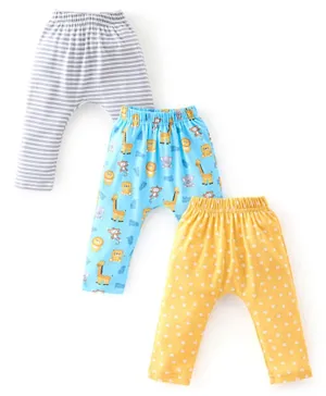 Babyhug 3 Pack Cotton Knit Full Length Striped & Jungle Printed Diaper Pants - Multicolour