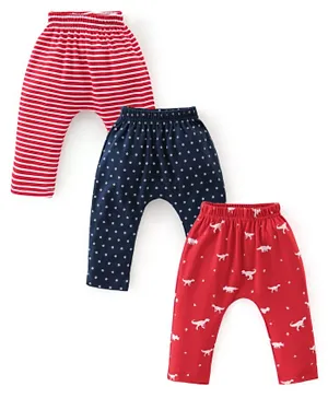 Babyhug 3 Pack  Cotton Knit Full Length Striped & Dion Printed Diaper Pants - Multicolour