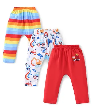 Babyhug Cotton Knit Full Length Diaper Pants Striped & Car Print Pack Of 3 - Multi Color