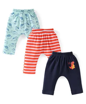 Babyhug Cotton Knit Full Length Diaper Pants Striped & Dino Print Pack Of 3 - Blue & Orange