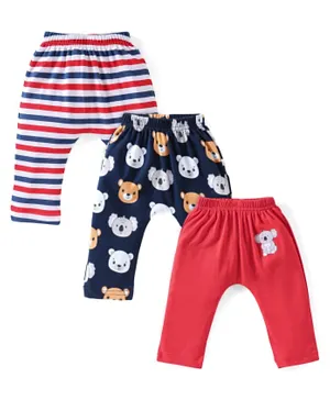 Babyhug Cotton Full Length Diaper Pants Striped & Teddy Print Pack Of 3 - Red White & Blue