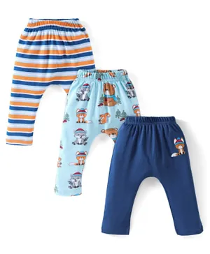 Babyhug 3 Pack Cotton Full Length Diaper Pants Striped & Teddy Print - White & Blue