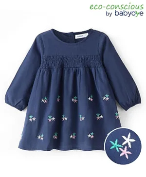 Babyoye Poplin Solid Full Sleeves Frock with Floral Embroidery - Navy Blue