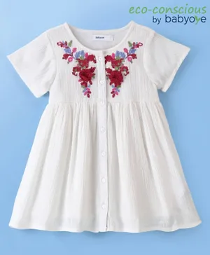 Babyoye Rayon Crepe Solid Half Sleeves Frock with Floral Applique - White