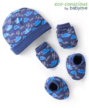 Babyoye 100% Cotton Knit Cap Mittens & Booties Cloud Print - Blue