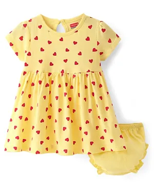 Babyhug 100% Cotton Knit Half Sleeves Heart Printed Frock with Bloomer - Yellow