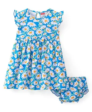 Babyhug Cotton Knit Short Sleeves Floral Printed Frock with Bloomer - Blue