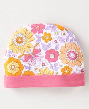 Babyhug 100% Cotton Interlock Knit Cap Floral Print - Pink & White