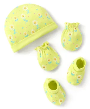 Babyhug 100% Cotton Knit Cap Mittens & Booties Set Floral Print - Green