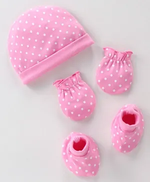 Babyhug 100% Cotton Knit Cap Mittens & Booties Polka Dot Print - Pink