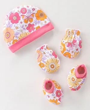 Babyhug 100% Cotton Interlock Knit Cap Mittens & Booties Set with Floral Print - Pink & White