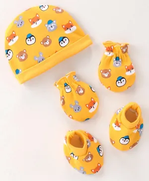 Babyhug 100% Cotton Knit Cap Mittens & Booties Set with Animal Print - Yellow