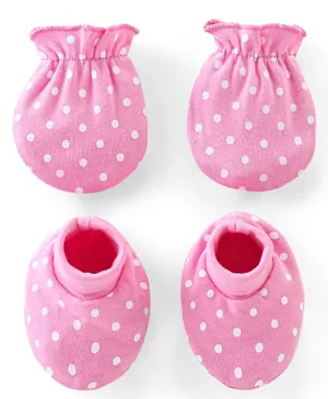 Babyhug 100% Cotton Knit Mittens and Booties Polka Dot Print - Pink