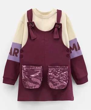 Ollington St. Color Blocked Full Sleeves Top with Print And Pinafore With Sequencing Embellished Pockets - Off White & Maroon