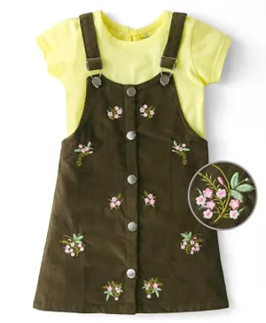 Ollington St. Half Sleeves Top with Embroidered Corduroy Pinafore -Yellow & Olive