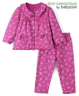 Babyoye Anti Bacterial Cotton Lycra Full Sleeves Night Suit Floral Print - Pink