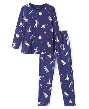 Pine Kids Cotton Knit Full Sleeves Astronaut Printed Night Suit - Blue