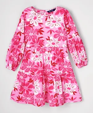 باين كيدز فستان جيرسي قطني للأطفال بكم طويل مع طباعة الأزهار - أزرق