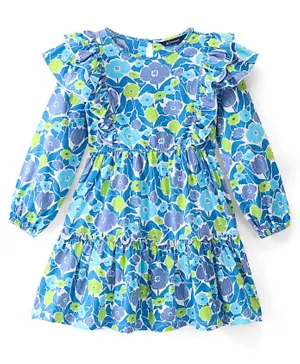 Pine Kids 100% Cotton Single Jersey Knit Full Sleeves Floral Printed Dress - Blue