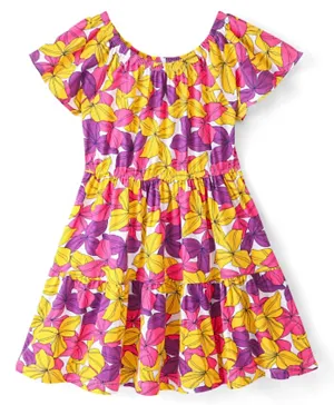 Pine Kids 100% Cotton Single Jersey Knit Tiered Floral Printed Dress - Multi Color