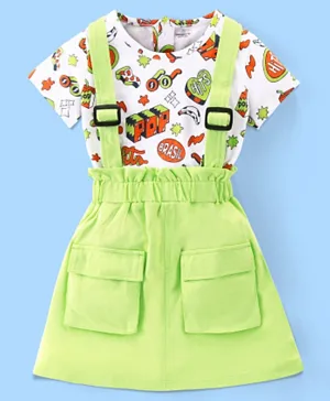 Ollington St. 100% Cotton Half Sleeves Graphic Top & Pinafore with Cargo Pockets - White & Green
