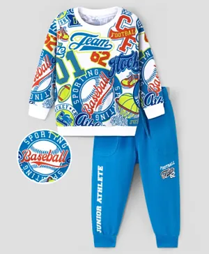 Ollington St. 100% Cotton Full Sleeves Sweatshirt & Lounge Pants With All Over Printed - White & Blue