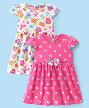Babyhug Cotton Knit Cap Sleeves Floral Printed Frocks with Bow Applique Pack of 2 - Pink & White