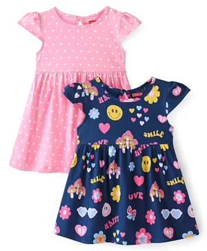 Babyhug Cotton Knit Short Sleeves Frocks With Heart & Floral Print Pack Of 2 - Pink & Navy Blue