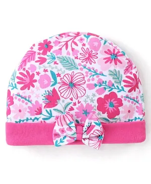 Babyhug 100% Cotton Knit Cap Floral Printed with Bow Applique - Pink