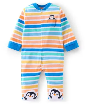 Babyhug Cotton Knit Full Sleeves Striped & Penguin Printed Sleep Suit - Multicolour