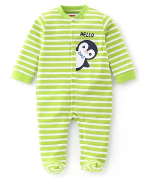 Babyhug Cotton Knit Full Sleeves Striped & Penguin Printed Footed Sleep Suit - Green