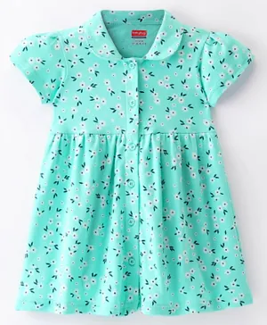 Babyhug 100% Cotton Knit Half Sleeves With Floral Print - Sea Green