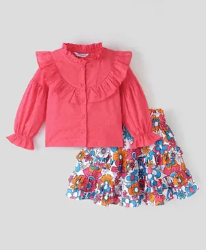Ollington St. Cotton Swiss Dot Full Sleeves Ruffle Shirt and Floral Print Skirt Set - Pink & White