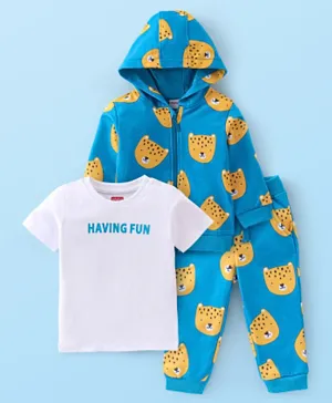 Babyhug Cotton Knit Full Sleeves Hoodie & Lounge Pant Set with Inner Tee Leopard Print - Blue