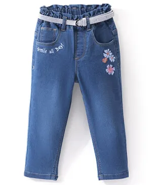Babyhug Full length Jeans With Stretch with Belt &  Floral Embroidery - Blue