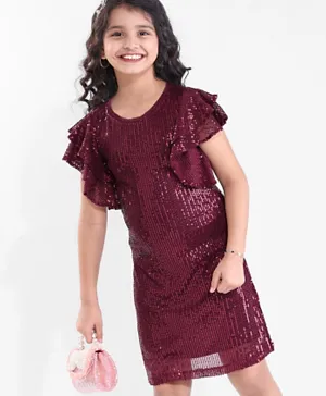 Hola Bonita Half Sleeves Sequin Party Dress - Wine