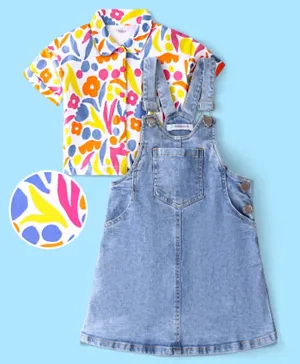 Ollington St. Half Sleeves Shirt with Floral Print and Stretchable Denim Pinafore - Multicolor & Indigo