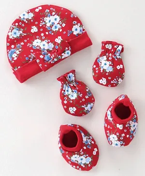 Babyhug 100% Cotton Knit Cap Mittens & Booties Set Floral Print - Red