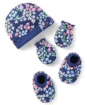 Babyhug 100% Cotton Knit Cap Mittens & Booties Set Floral Print - Navy Blue