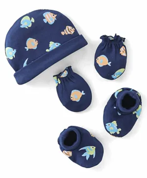 Babyhug 100% Cotton Knit Cap Mittens & Booties Set Fish Print - Navy Blue