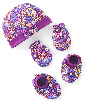 Babyhug 100% Cotton Knit Cap Mittens & Booties Set Floral Print - Purple