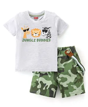 Babyhug Cotton Knit Half Sleeves T-Shirt & Shorts Set Camo Print - White & Green