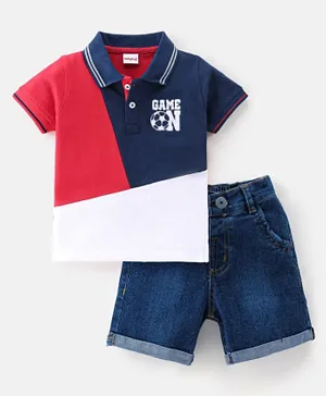 Babyhug Single Jersey Knit Half Sleeves T-Shirt & Shorts Set Text Embroidered - Blue & Red
