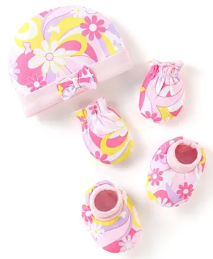 Babyhug 100% Cotton Knit Cap Mittens & Booties Set Floral Print - Pink
