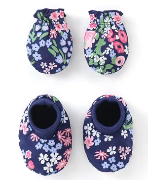 Babyhug 100% Cotton Knit Mitten & Booties Floral Print - Navy Blue